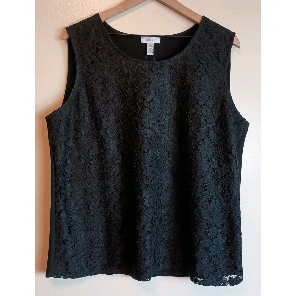 Calvin Klein XL Black Floral Lace Overlay Sleeveless Blouse Top Dressy NWT